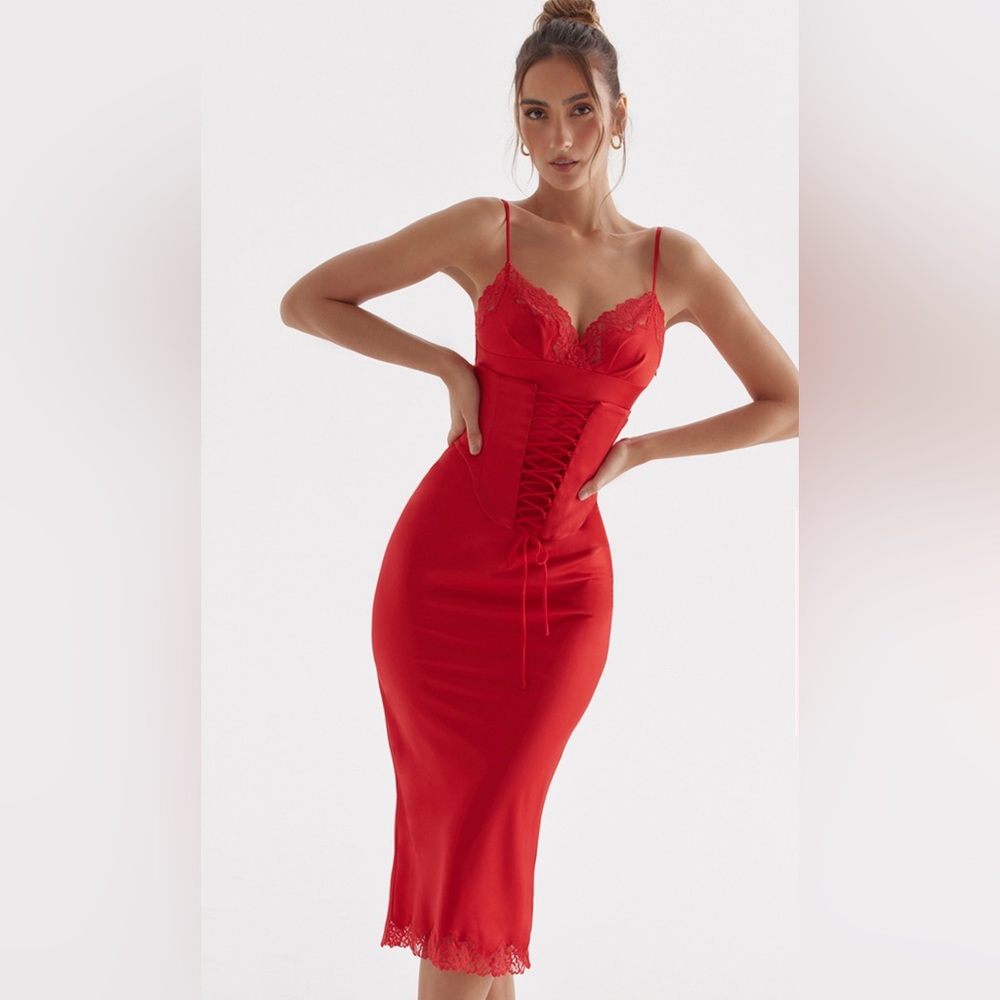 NWOT House Of Cb Salma Red Rose Satin Corset Slip Midi Dress Plus/Bigger Cup XS